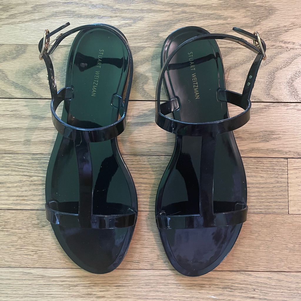Stuart Weitzman Black Rubber TStrap Flat Sandals